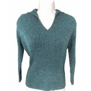 Vintage Y2K Ribbed Knit Collared Sweater M Marled Teal V-neck Pullover 90s